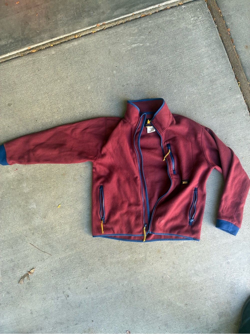 REI Burgundy Fleece Jacket with Blue Trim